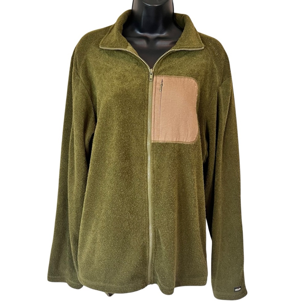 Kavu Green/Tan Men's Terry Fleece Jacket Zip Pocket Elbow Patches